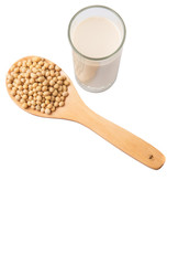 Soybean in a white bowl and a glass of soybean milk over white 