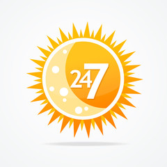 Sun vector icon. 24 hours and 7 days open sign.