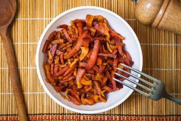 Fried chopped bacon