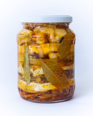 Spicy marinated cheese on white background