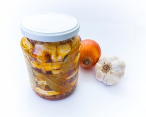 Spicy marinated cheese on white background