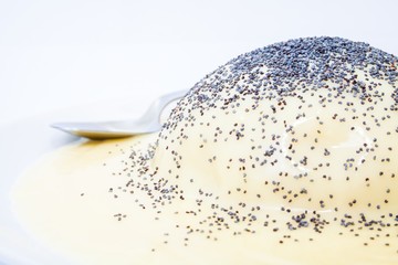 Fresh dumpling with vanilla sauce and poppy, white background