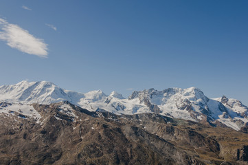 Zermatt, Dorf, Alpen, Dufourspitze, Castor, Lisamm, Pollux, Gletscher, Findelgletscher, Gletscher, Schweizer Berge, Alpen, Wanderweg, hochalpin, Sommer, Wallis, Schweiz