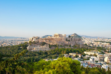 Fototapeta na wymiar View of Acropolis of Athens from Filopappos Hill. Greece.
