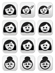 Women aging - wrinkles with syringe injections buttons set