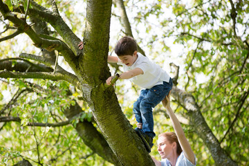 Naklejka na ściany i meble Mutter hilft Kind beim klettern auf dem Baum