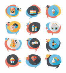 Birthday bubble speech banner design flat background set, eps10