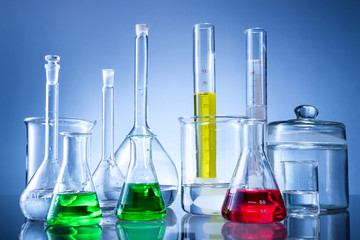 Laboratory equipment, bottles, flasks with color liquid