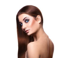 Fashionable adult blue eyes woman with perfect long brown hair o