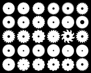 White silhouettes of different circular saw blades, vector