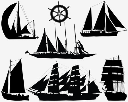 Black silhouettes of ships and rudder, vector illustration