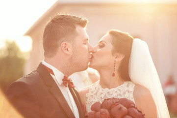 Beautiful bridal couple in the sunlight