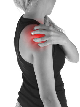 Pain in woman shoulder.