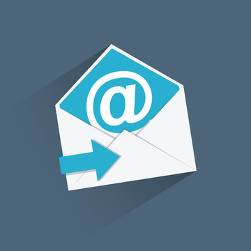 Flat e-mail vector icon with blue arrow and long shadow