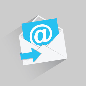Flat email vector icon with blue arrow and long shadow