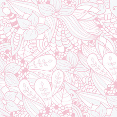 Hand-drawn doodle waves floral pattern, abstract leaves and flow