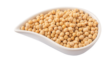 Soybean in an oval ceramic bowl over white background
