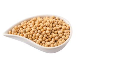 Soybean in an oval ceramic bowl over white background