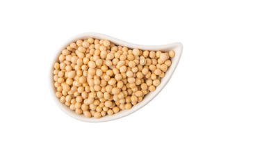 Soybean in an oval ceramic bowl over white background