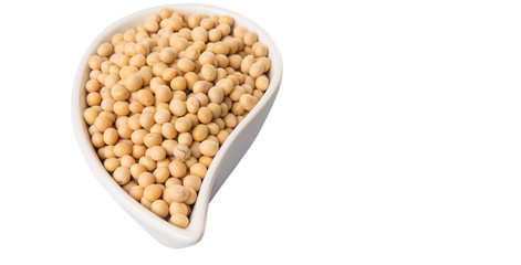 Soybean in an oval ceramic bowl over white background