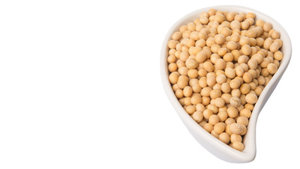 Soybean in an oval ceramic bowl over white background