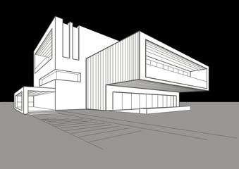 linear sketch of modern building on gray-black background