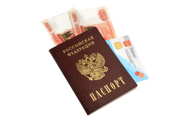 Passport, money and medical insurance policy isolated on white