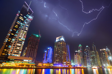 Thunderstorm in Dubai Marina at night, UAE