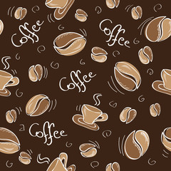 Seamless background with coffee beans and cups