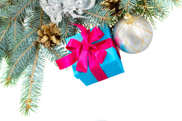 blue fir tree with gift box