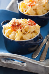 baked macaroni with cheese in blue casserole