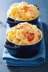 baked macaroni with cheese in blue casserole