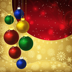 Glass balls and frosty patterns on a red background.