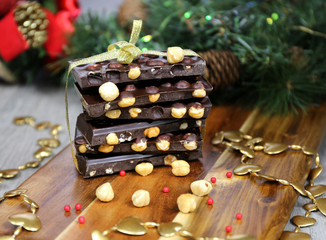 Dark chocolate with hazelnuts in the New Year decor
