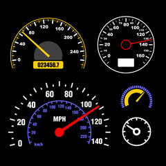 Speedometers Set on Black Background. Vector