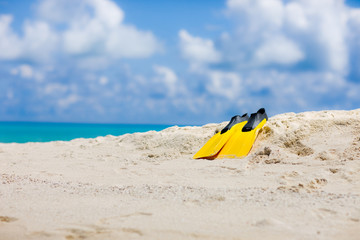 Obraz premium Yellow flippers on Maldivian beach in the Indian ocean