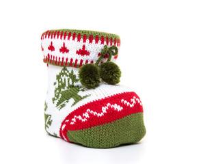 Knitted christmas sock. All on white background.