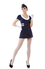 Charming Stewardess Dressed In Blue Uniform On White Background.