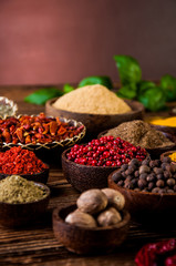Spices in wooden Indonesian bowls