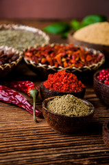 Spices in wooden Indonesian bowls