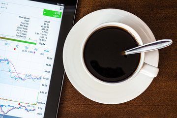 Work in the office, coffee cup with tablet pc on the wooden tabl