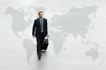 business man walking world map, international travel concept
