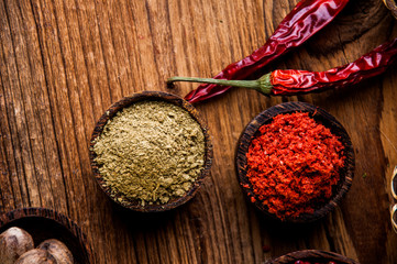 Spices in wooden Indonesian bowls