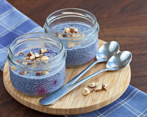 Lavender blue blueberry chia seed pudding in mason jars