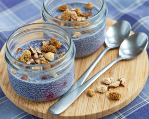 Lavender blue blueberry chia seed pudding in mason jars