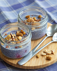 Lavender blue blueberry chia seed pudding in mason jars