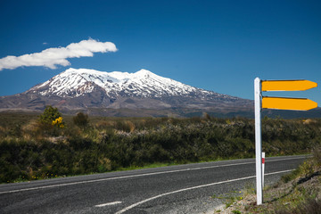 road sign and volcano Ruapehu in NZ