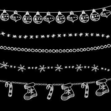 Set Of Christmas Chalk Doodle Garlands, Dividers On Blackboard