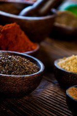Hot spices in bowls, oriental theme