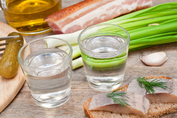 Two glasses of vodka and a snack